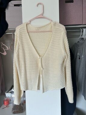 SHEIN Cream Open-Knit Tie-Front Cardigan